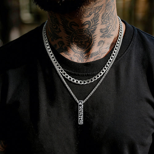 Cuban Chain & Viking Runes Bar Layered Necklaces Set for Men