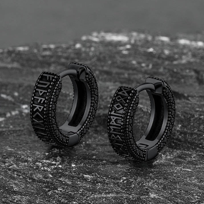 Sterling Silver Viking Runes Hoop Earrings With Black Zirconia for Men
