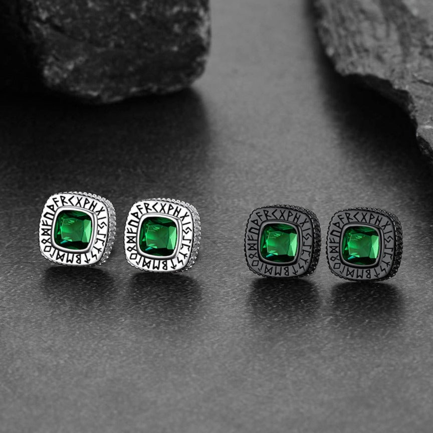 Cushion Cut Diamond Stud Earrings with Viking Runes in Sterling Silver