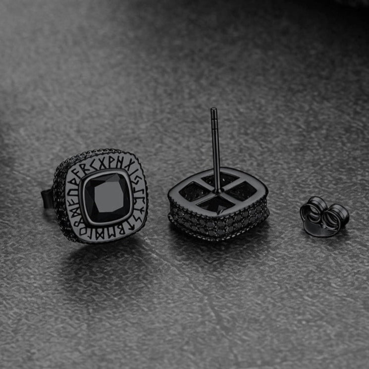 Cushion Cut Diamond Stud Earrings with Viking Runes in Sterling Silver