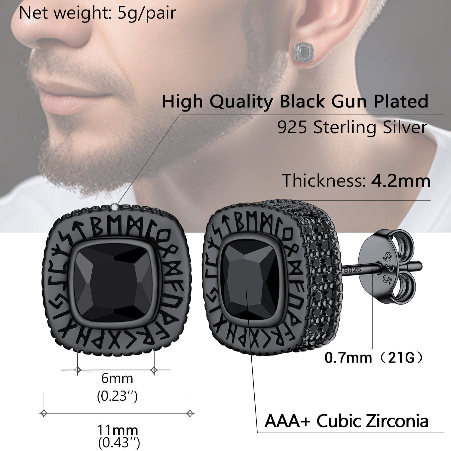 Cushion Cut Diamond Stud Earrings with Viking Runes in Sterling Silver