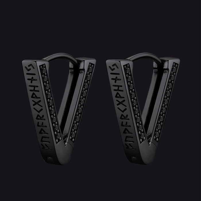 Sterling Silver Viking Triangle Huggie Hoop Earrings with Black Zirconia for Men