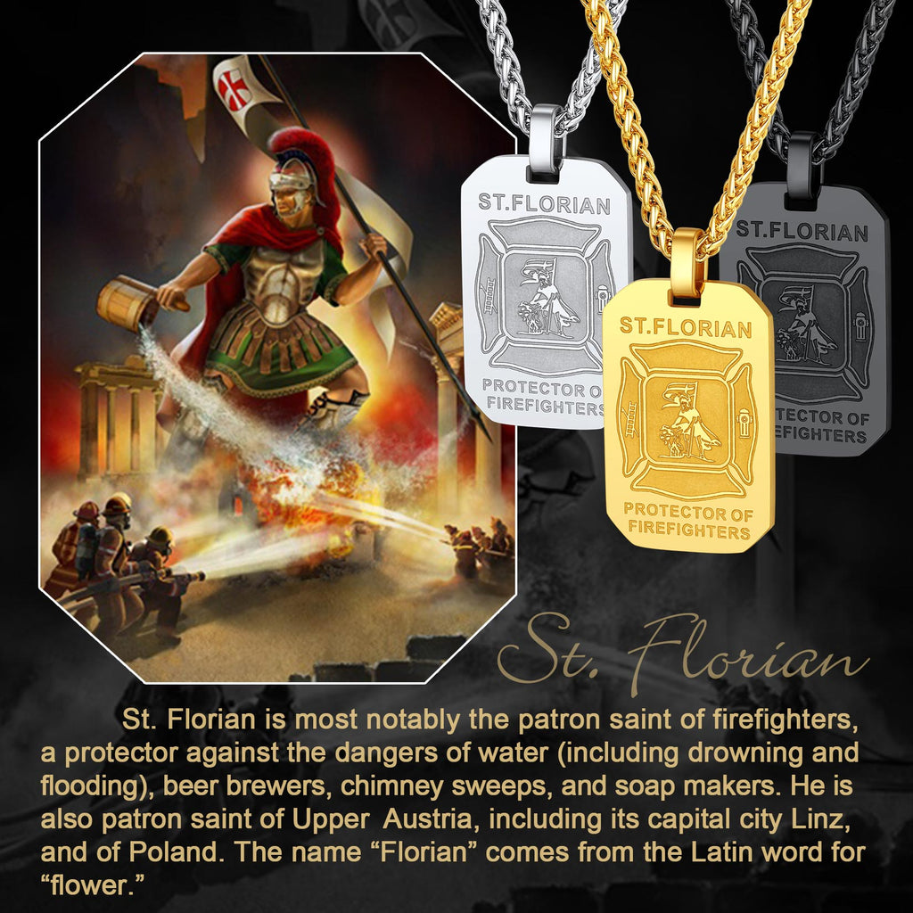 Engraved Saint Florian Firefighter Dog Tag Necklace for Firemen Men