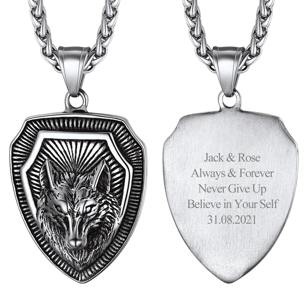 Engraved Viking Nordic Wolf Necklace Amulet Pendant for Men Women