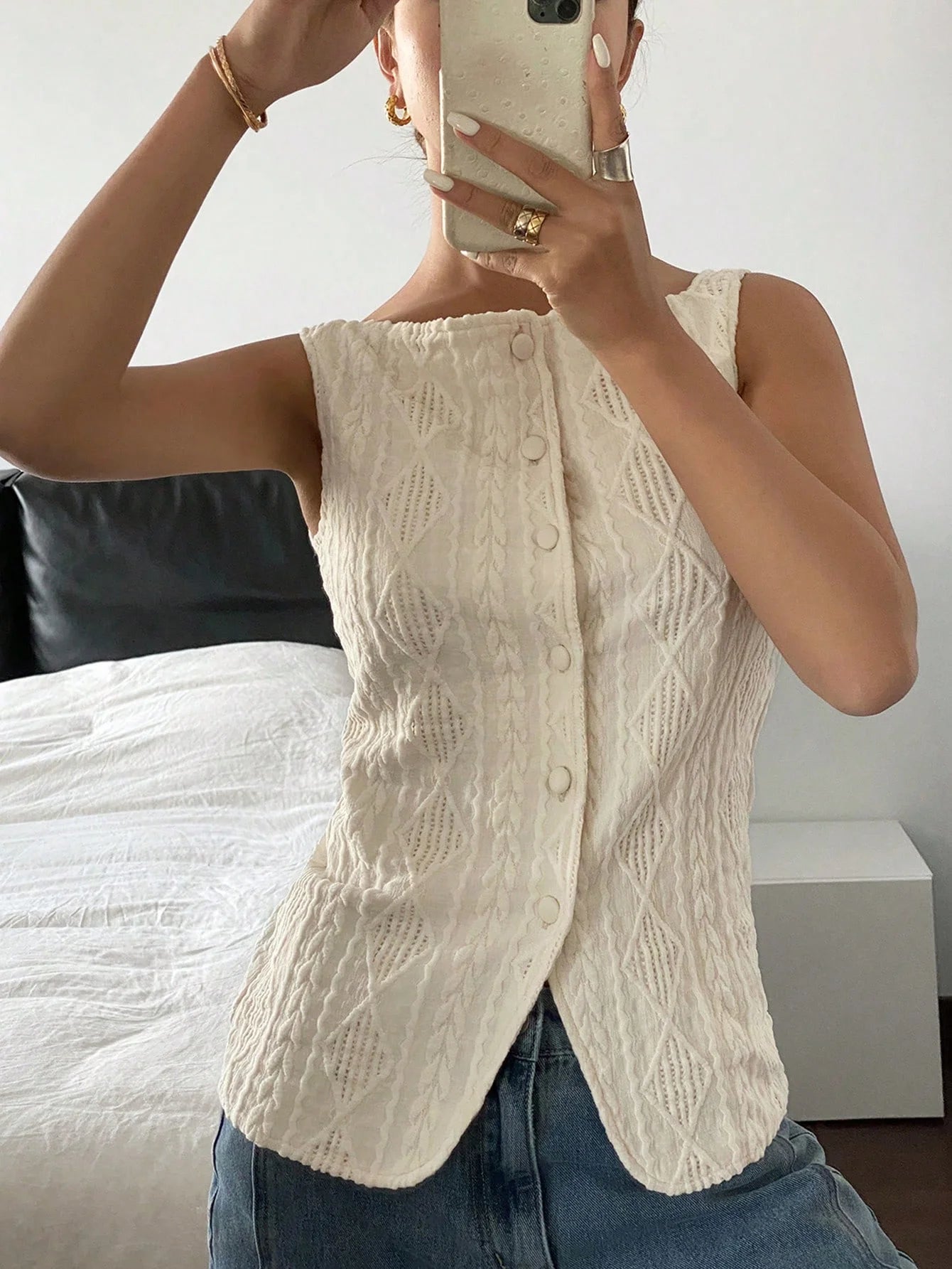 Textured Sleeveless Button Blouse