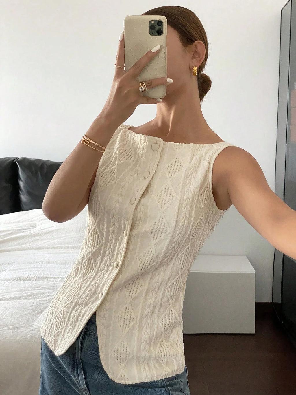 Textured Sleeveless Button Blouse