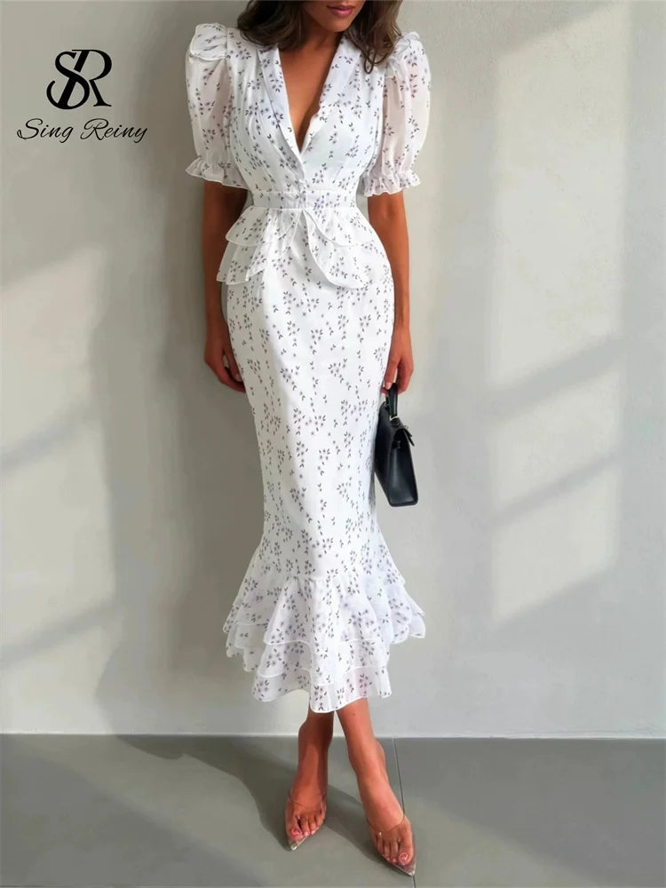 SINGREIN Women Elegant Printed V-neck Dress Chic Lapel Waist Cinched Pleated High Waisted 2026 Summer New Lady Vacation Dresses