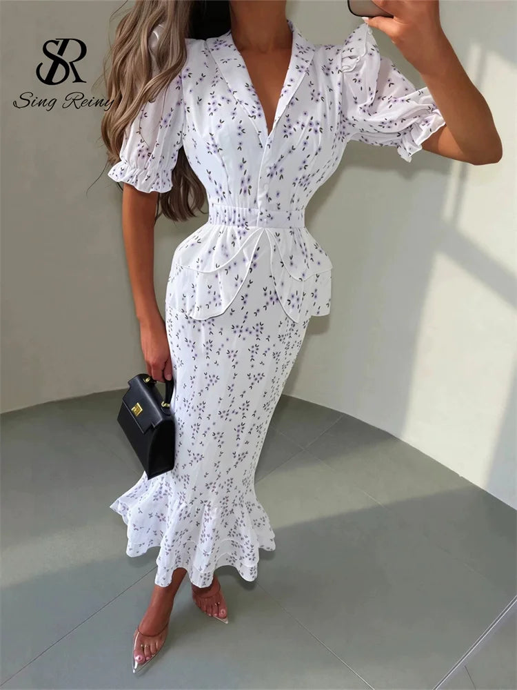 SINGREIN Women Elegant Printed V-neck Dress Chic Lapel Waist Cinched Pleated High Waisted 2026 Summer New Lady Vacation Dresses