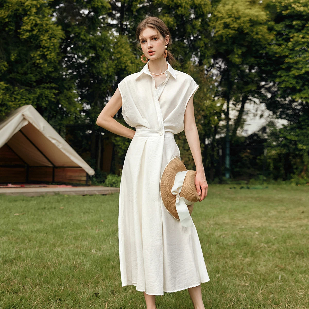 OLrain Woman Summer Lyocell Shirt Dresses 2026 Elegant Ladies Vintage Short Sleeve Flared Midi Dress Robe Femmes O57XL93151