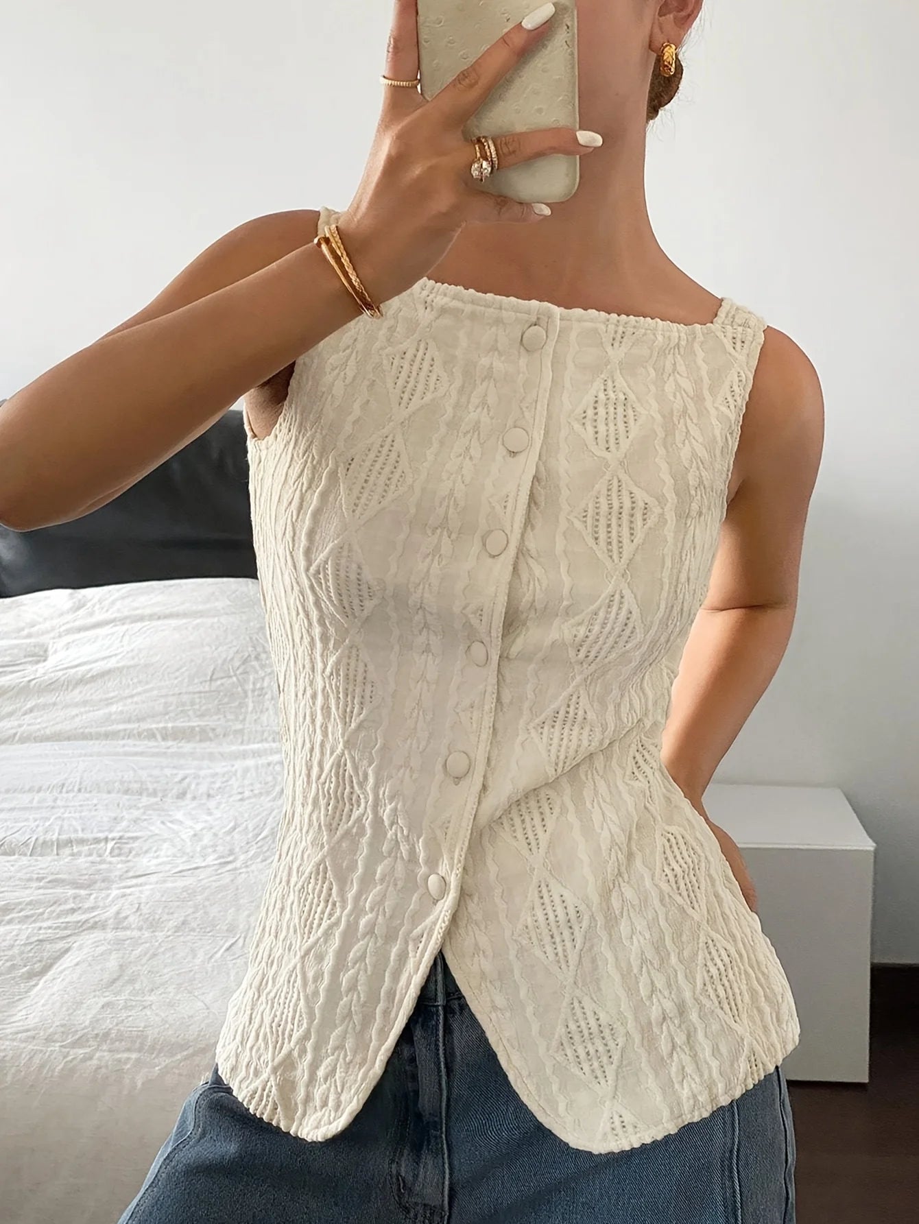 Textured Sleeveless Button Blouse