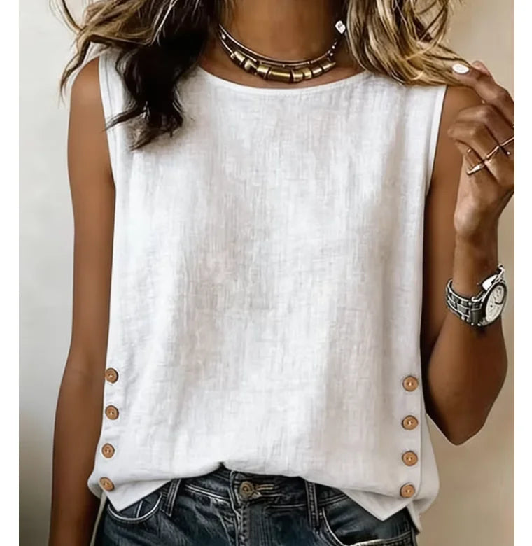 Fashion Elegant Tops Shirt Summer New Women's Round Neck Casual Loose Button Cotton Linen Solid Color Top Shirt Womens Clothing