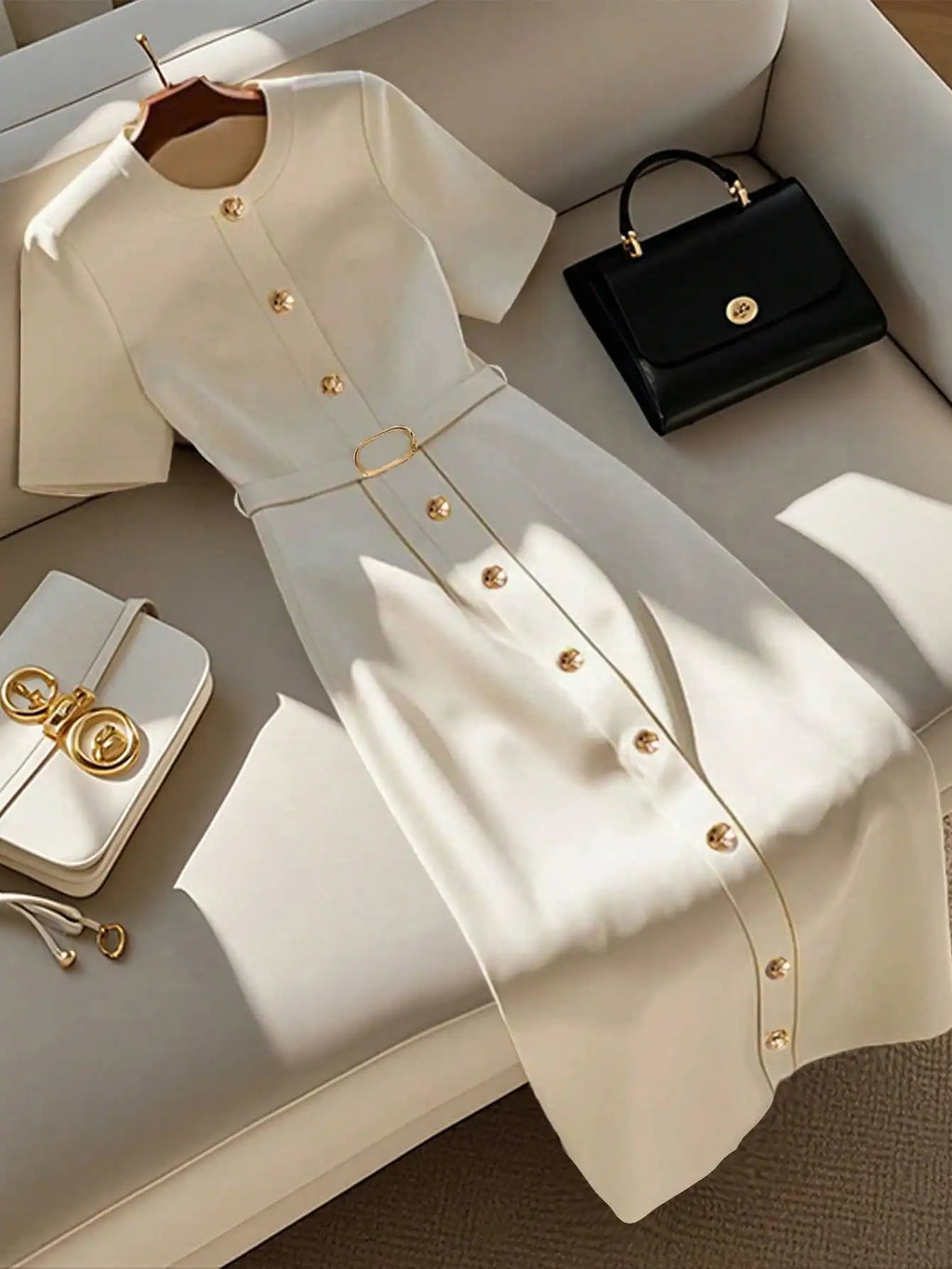 Women's Elegant Simple Round Neck Single Breasted Short Sleeve Belt Midi Dress women dress Women's Elegant Beige Midi Dress