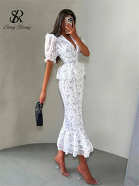 SINGREIN Women Elegant Printed V-neck Dress Chic Lapel Waist Cinched Pleated High Waisted 2026 Summer New Lady Vacation Dresses