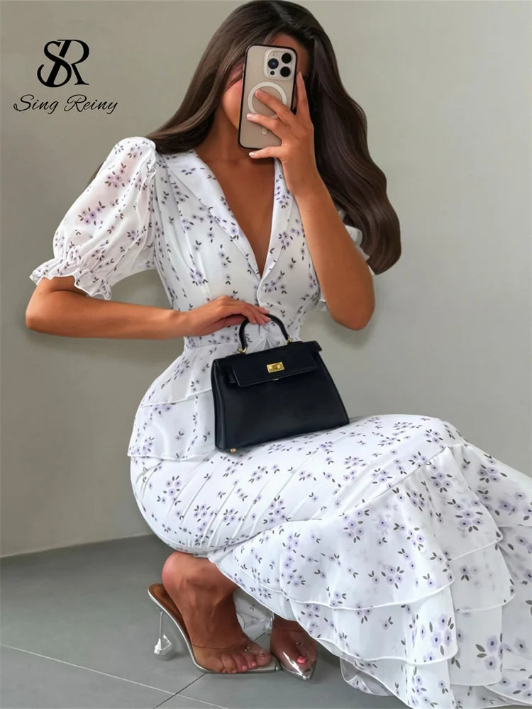 SINGREIN Women Elegant Printed V-neck Dress Chic Lapel Waist Cinched Pleated High Waisted 2026 Summer New Lady Vacation Dresses