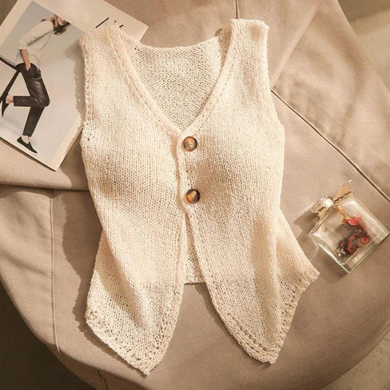 Summer Women Fashion Solid Color Chic Buttons V-neck Sleeveless Knitted Camisole