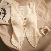 Summer Women Fashion Solid Color Chic Buttons V-neck Sleeveless Knitted Camisole