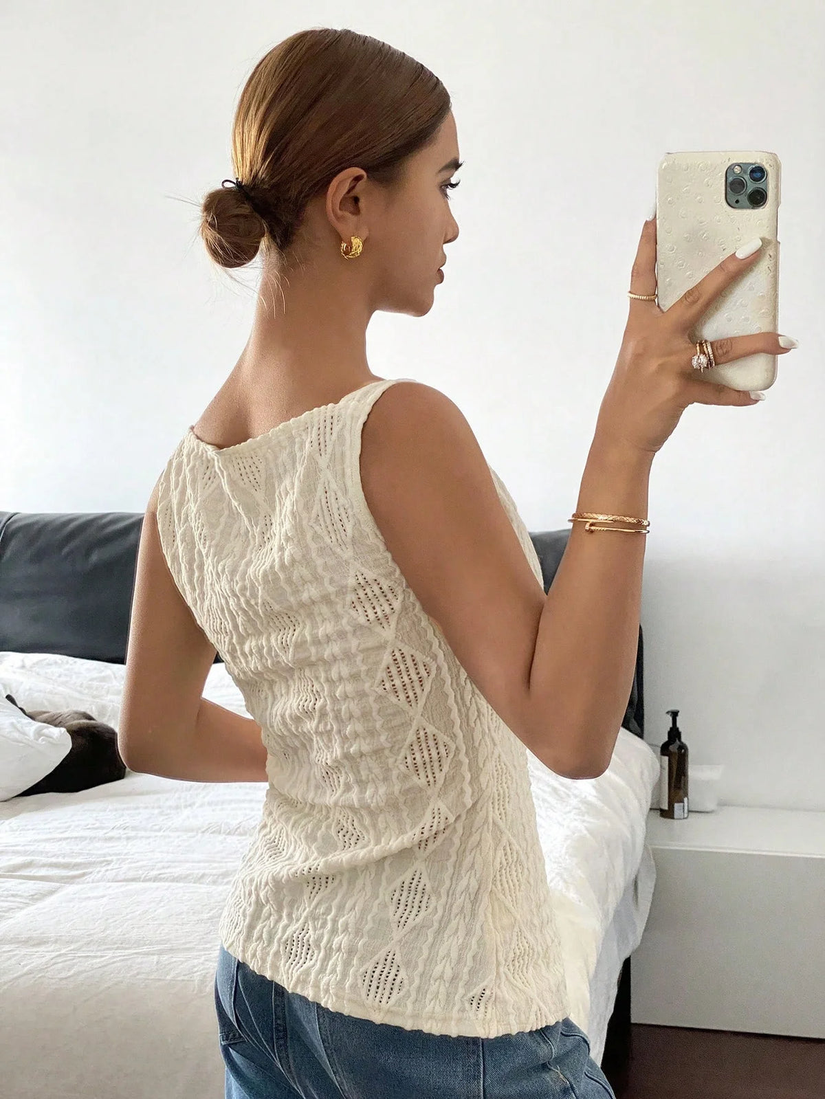 Textured Sleeveless Button Blouse