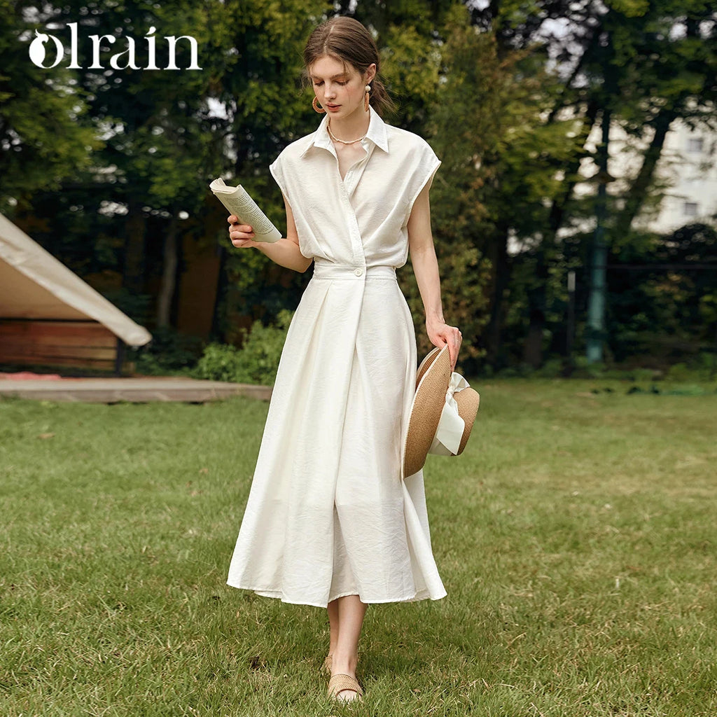 OLrain Woman Summer Lyocell Shirt Dresses 2026 Elegant Ladies Vintage Short Sleeve Flared Midi Dress Robe Femmes O57XL93151