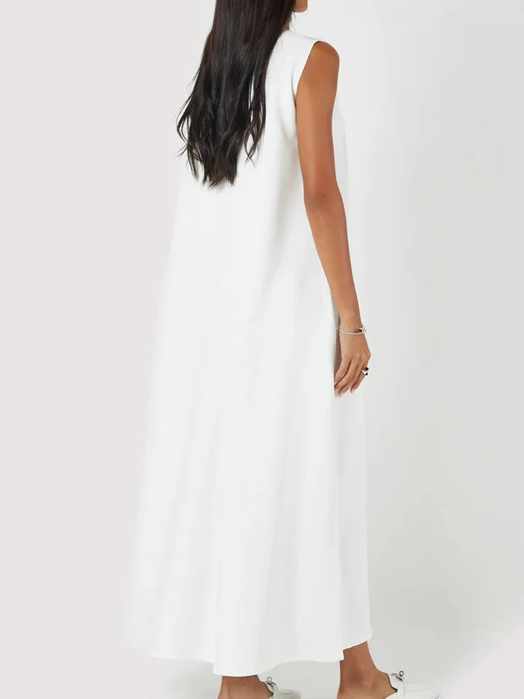 Casual White Dress Simple Vest Dress Loose Round Neck Draped Straight Skirt