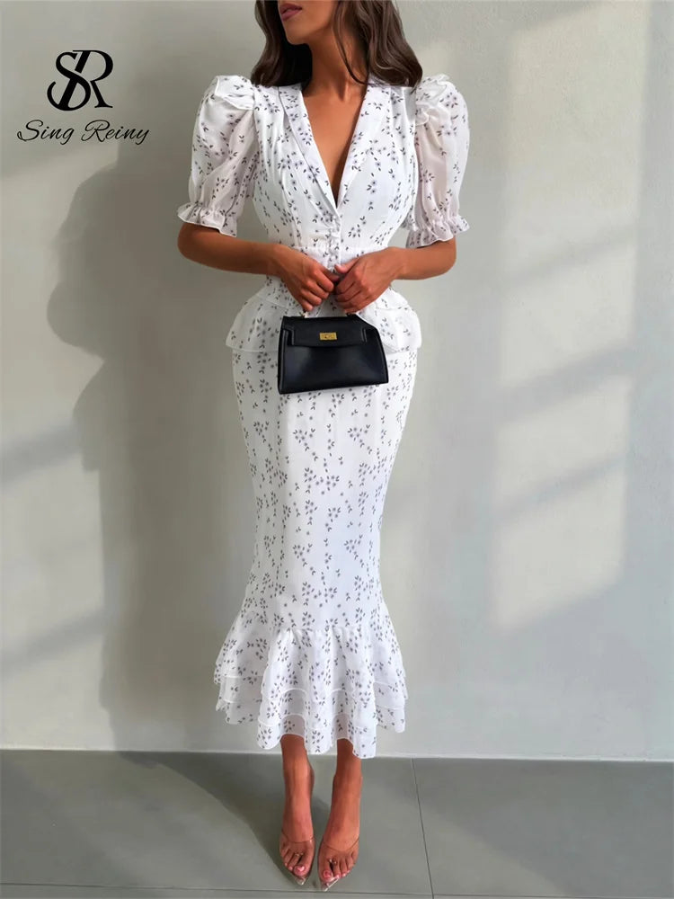 SINGREIN Women Elegant Printed V-neck Dress Chic Lapel Waist Cinched Pleated High Waisted 2026 Summer New Lady Vacation Dresses