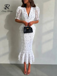 SINGREIN Women Elegant Printed V-neck Dress Chic Lapel Waist Cinched Pleated High Waisted 2026 Summer New Lady Vacation Dresses