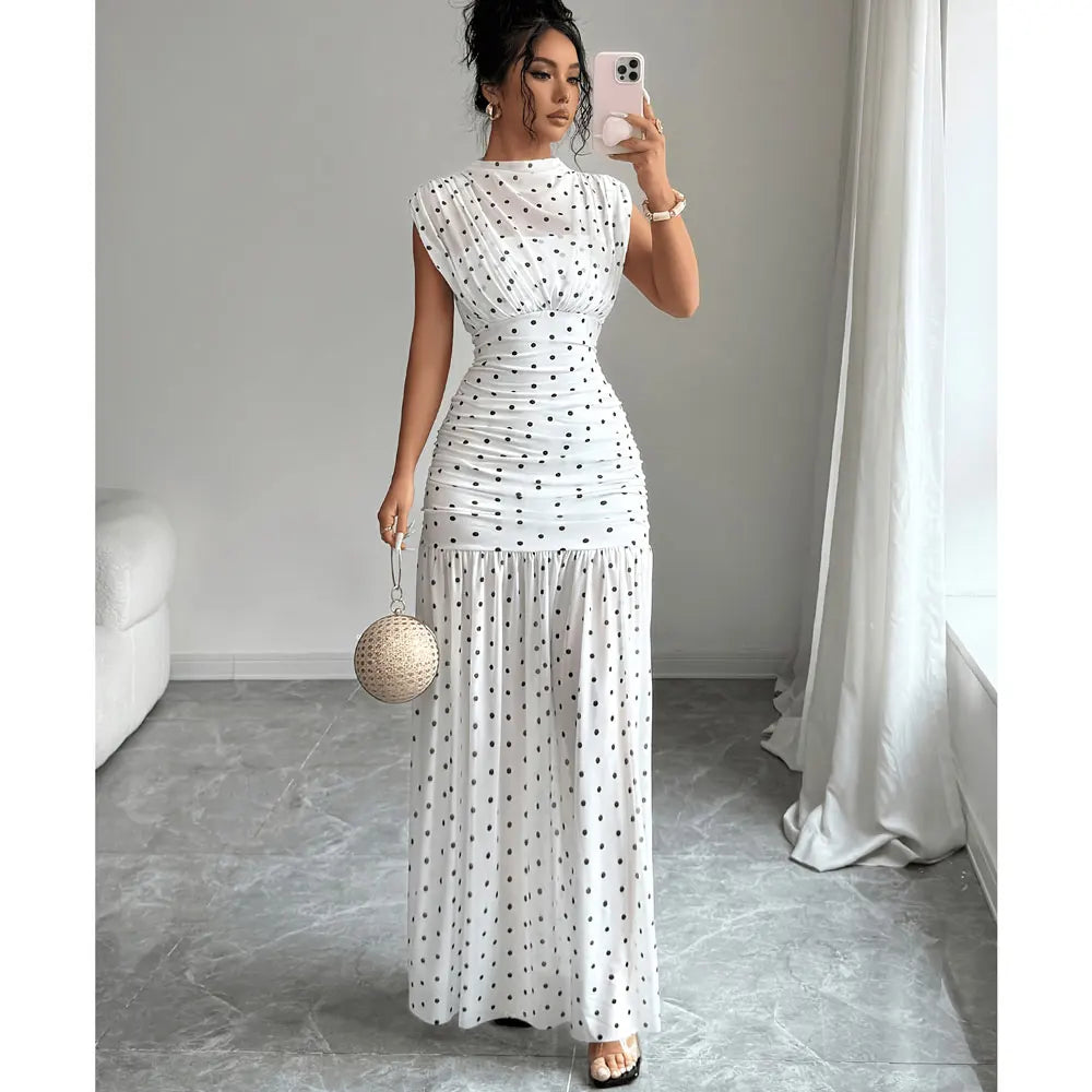 Dresses for Women Summer New Sleeveless Boat Neck Women Dress Elegant Slim Dot Dress Women Vestidos De Verano Mujer