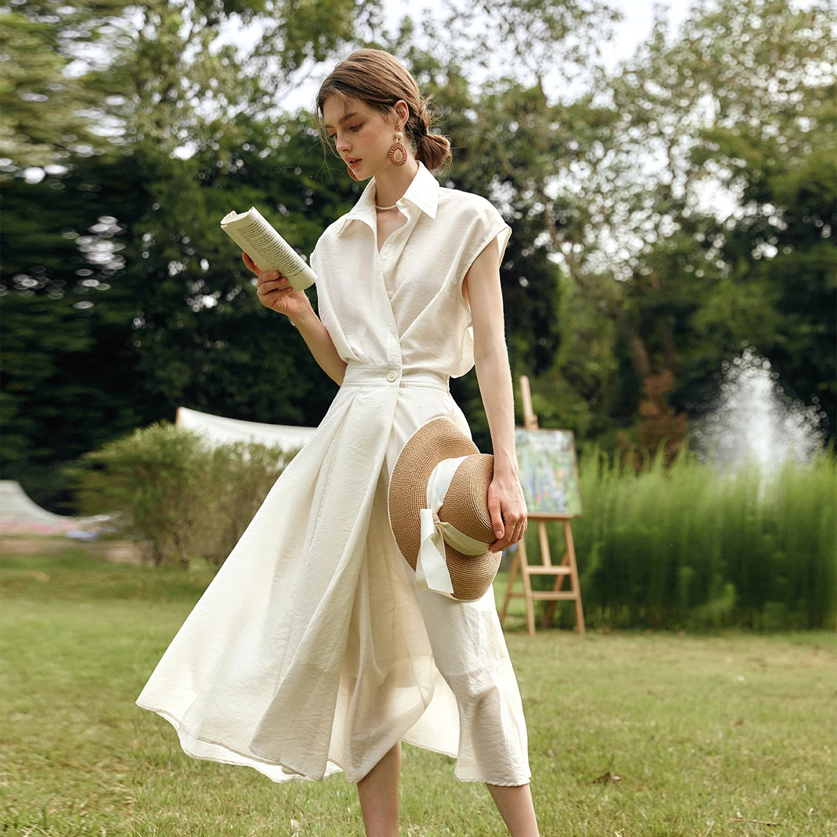 OLrain Woman Summer Lyocell Shirt Dresses 2026 Elegant Ladies Vintage Short Sleeve Flared Midi Dress Robe Femmes O57XL93151