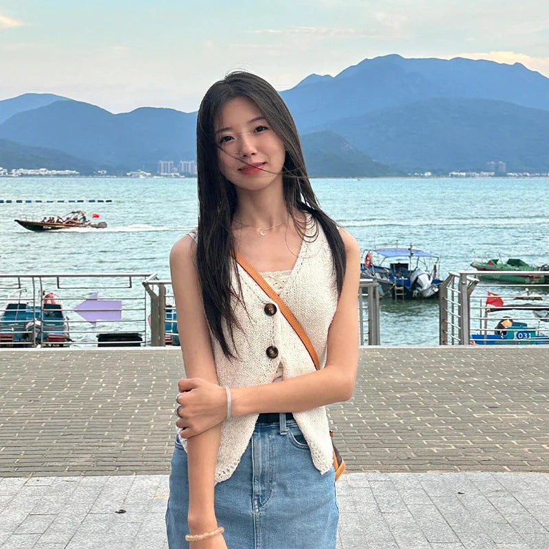 Summer Women Fashion Solid Color Chic Buttons V-neck Sleeveless Knitted Camisole
