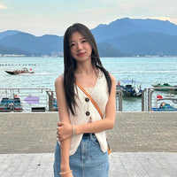 Summer Women Fashion Solid Color Chic Buttons V-neck Sleeveless Knitted Camisole