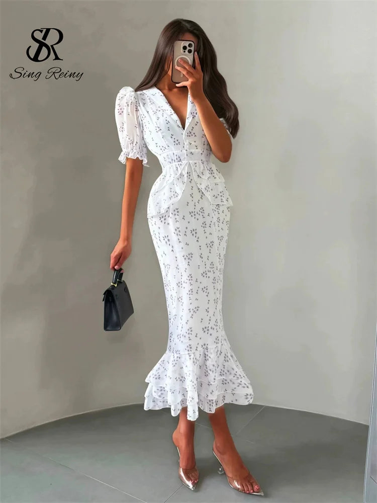 SINGREIN Women Elegant Printed V-neck Dress Chic Lapel Waist Cinched Pleated High Waisted 2026 Summer New Lady Vacation Dresses