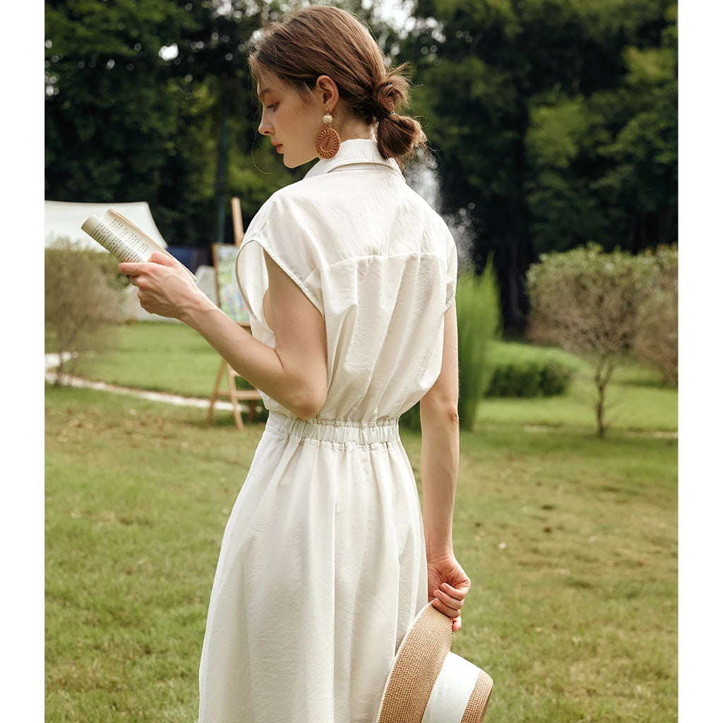 OLrain Woman Summer Lyocell Shirt Dresses 2026 Elegant Ladies Vintage Short Sleeve Flared Midi Dress Robe Femmes O57XL93151