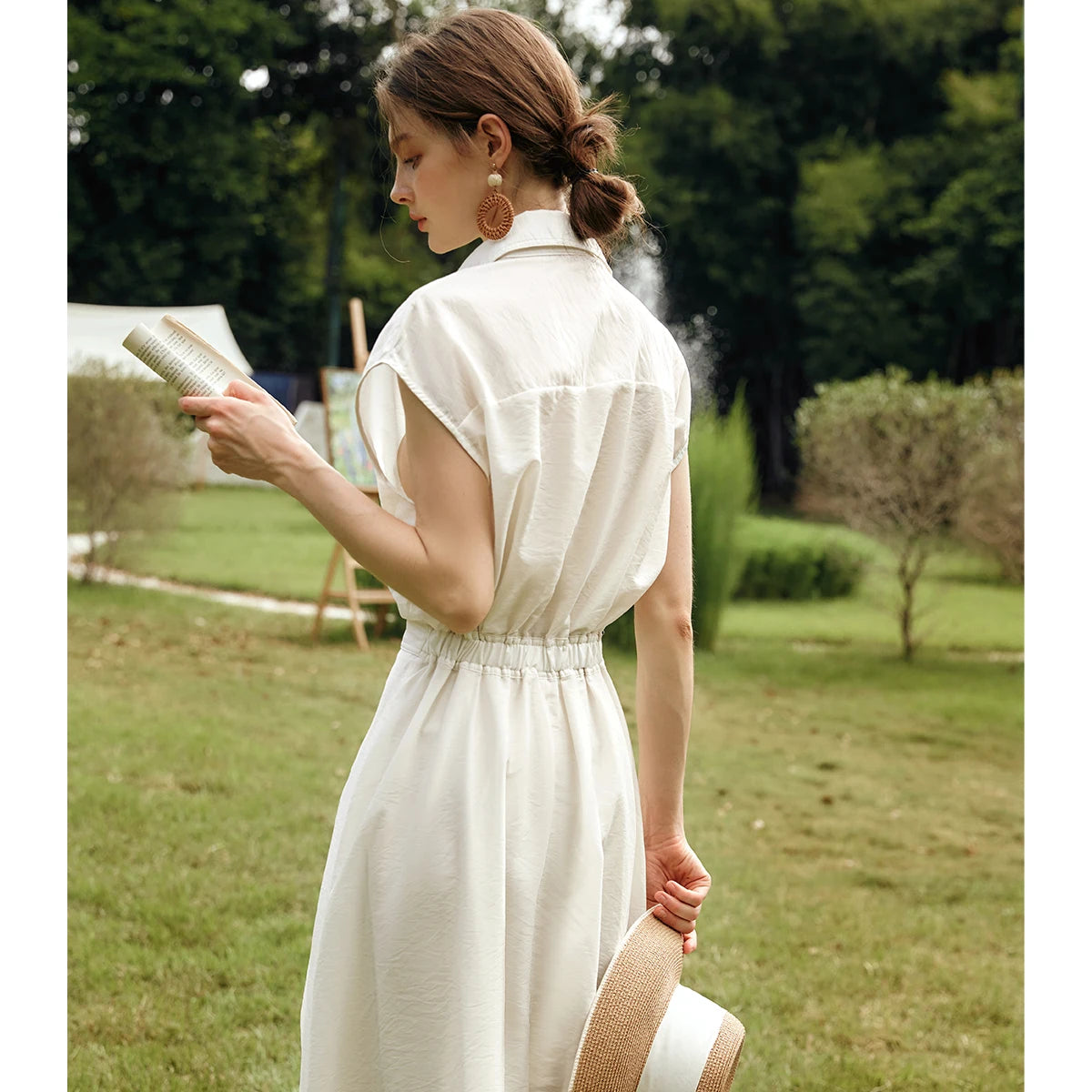 OLrain Woman Summer Lyocell Shirt Dresses 2026 Elegant Ladies Vintage Short Sleeve Flared Midi Dress Robe Femmes O57XL93151