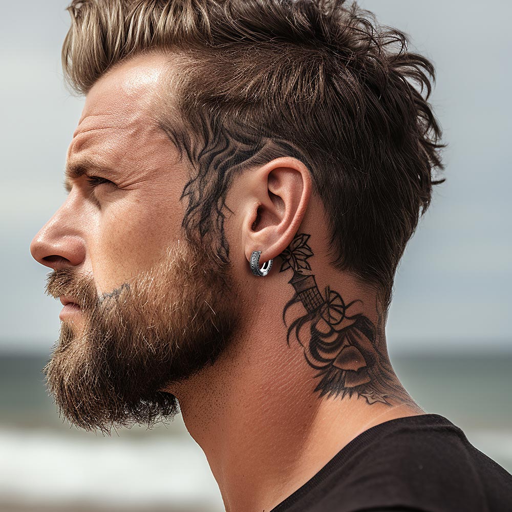 Sterling Silver Viking Runes Hoop Earrings With Black Zirconia for Men