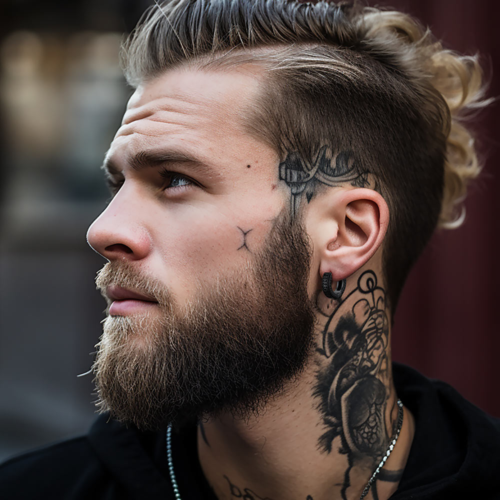 Sterling Silver Viking Runes Hoop Earrings With Black Zirconia for Men