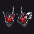 Black Skeleton Rock Hand Heart Ruby Stud Earrings for Men