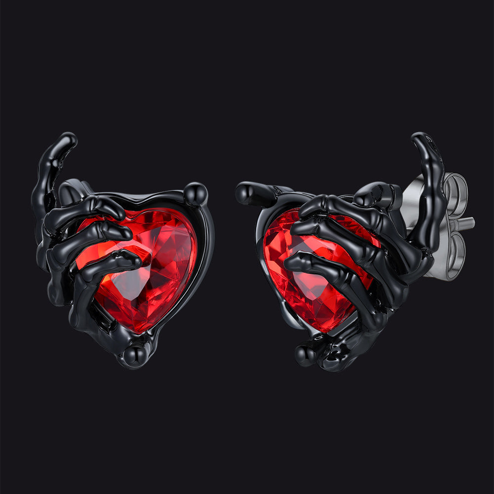 Gothic Black Ruby Heart Skull Hand Stud Earrings for Men