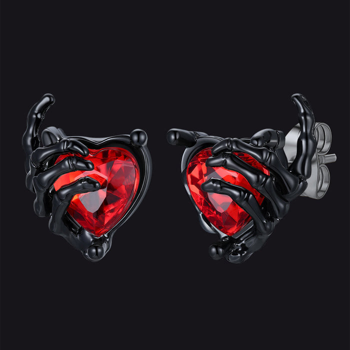 Gothic Black Ruby Heart Skull Hand Stud Earrings for Men