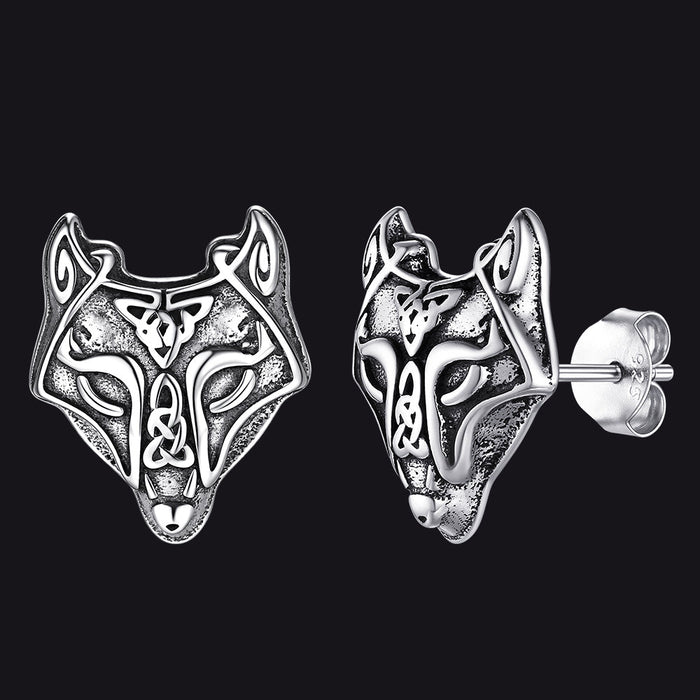 Sterling Silver Viking Celtic Wolf Stud Earrings For Men
