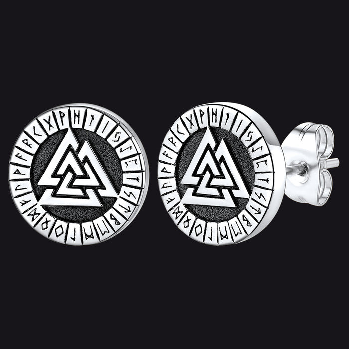 Viking Valknut Black Stud Earrings For Men With Runes