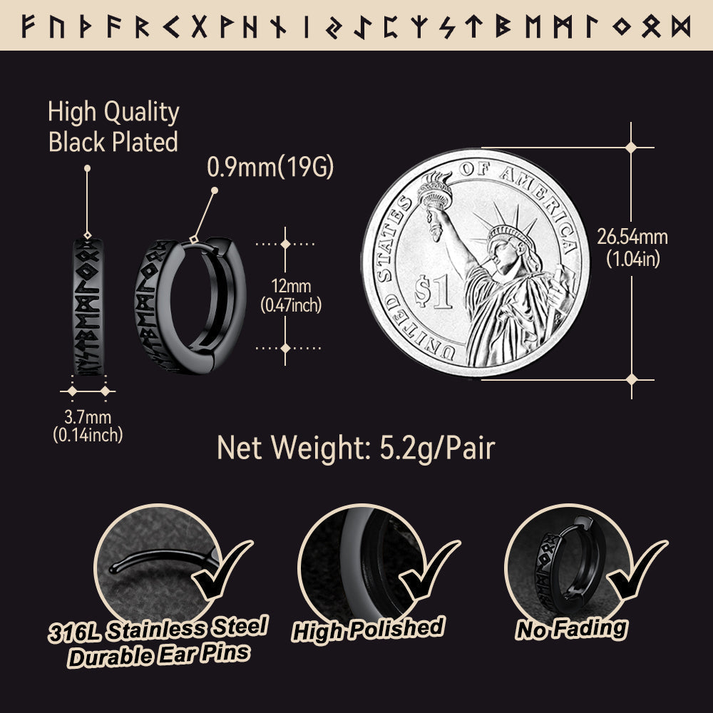 Norse Viking Rune Hoop Earrings & Circle Leather Necklace Set For Men