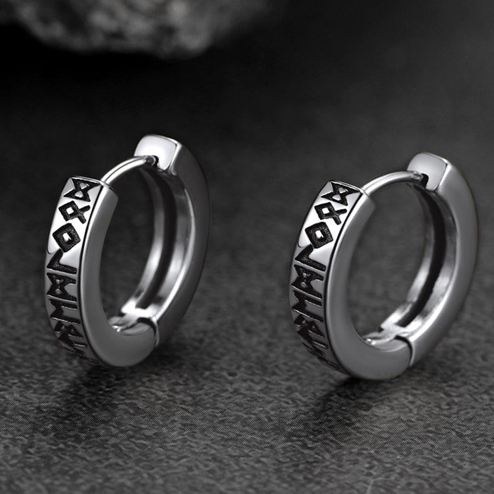 Norse Viking Rune Hoop Earrings & Circle Leather Necklace Set For Men