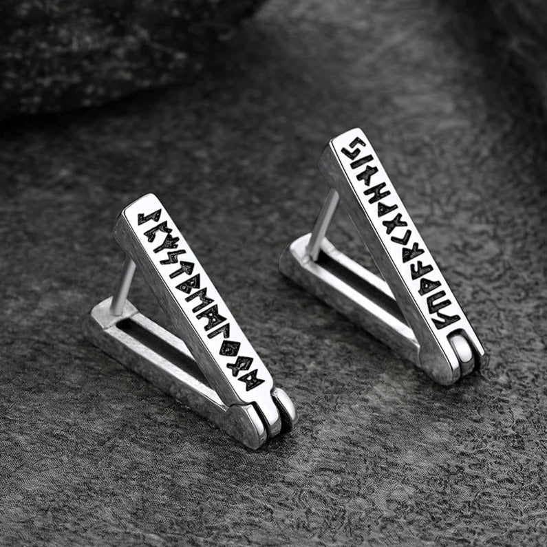 Triangle Huggie Hoop Earrings with Viking Runes For Men