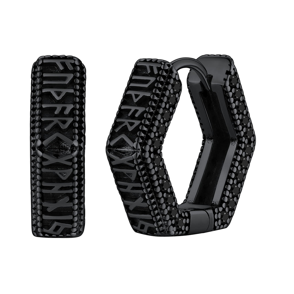 Viking Runes Hexagon Huggie Hoop Earrings for Men