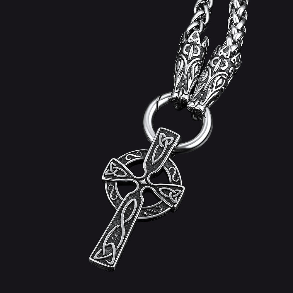 Celtic Knot Cross Necklace With Wolf Rope Chain For Men