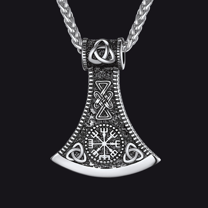 Battle Axe Viking Pendant Necklace with Compass For Men