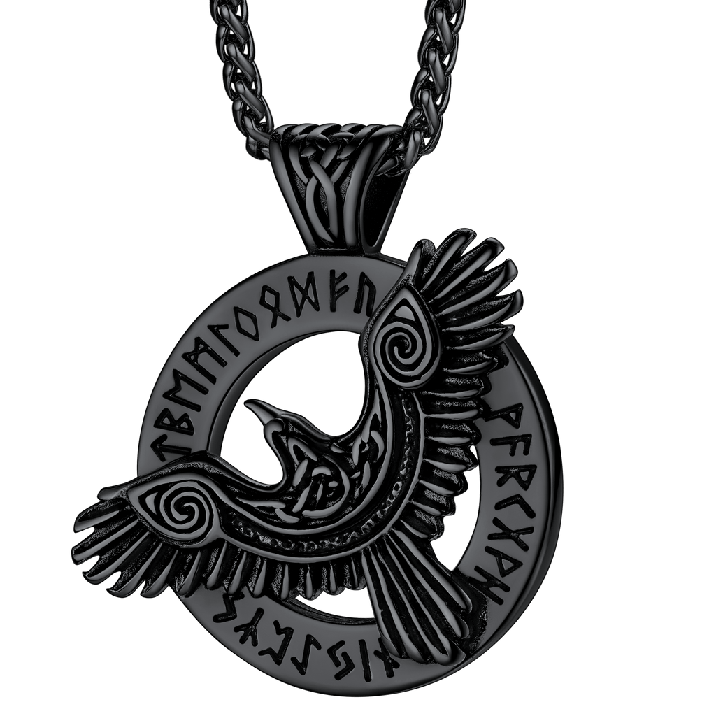 Viking Odin's Raven Necklace For Men With Runes