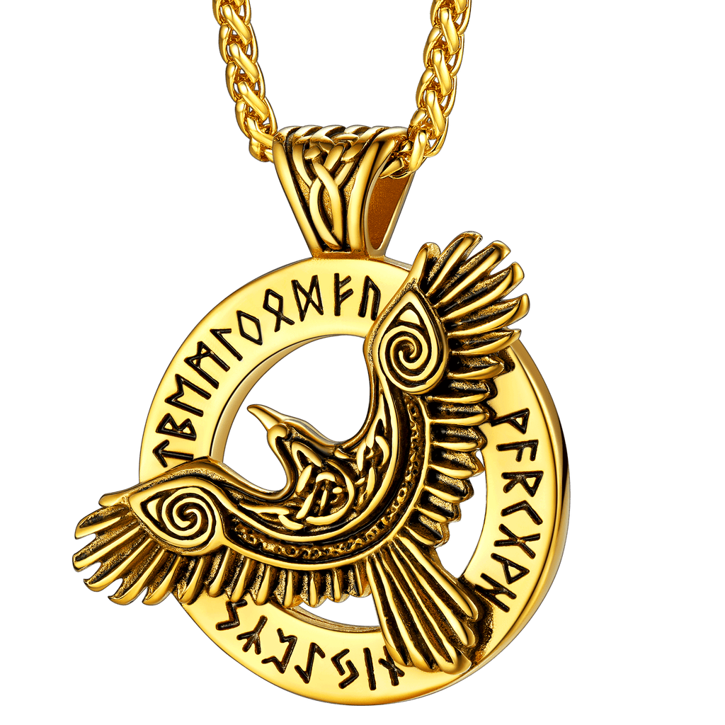 Viking Odin's Raven Necklace For Men With Runes