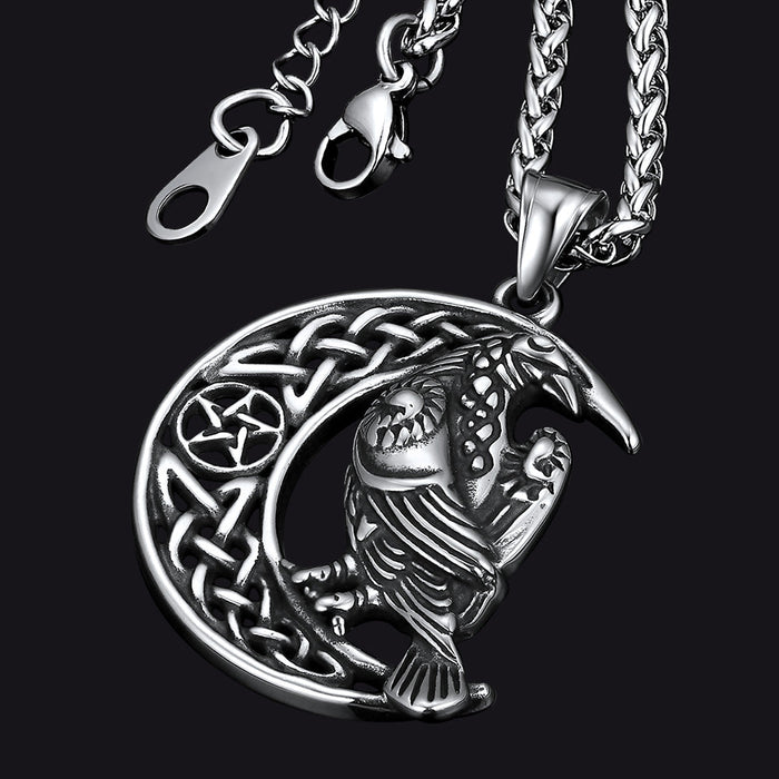 Celtic Crescent Moon Necklace With Odin Raven