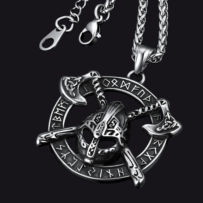 Viking Axe Helmet Pendant Necklace For Men With Runes