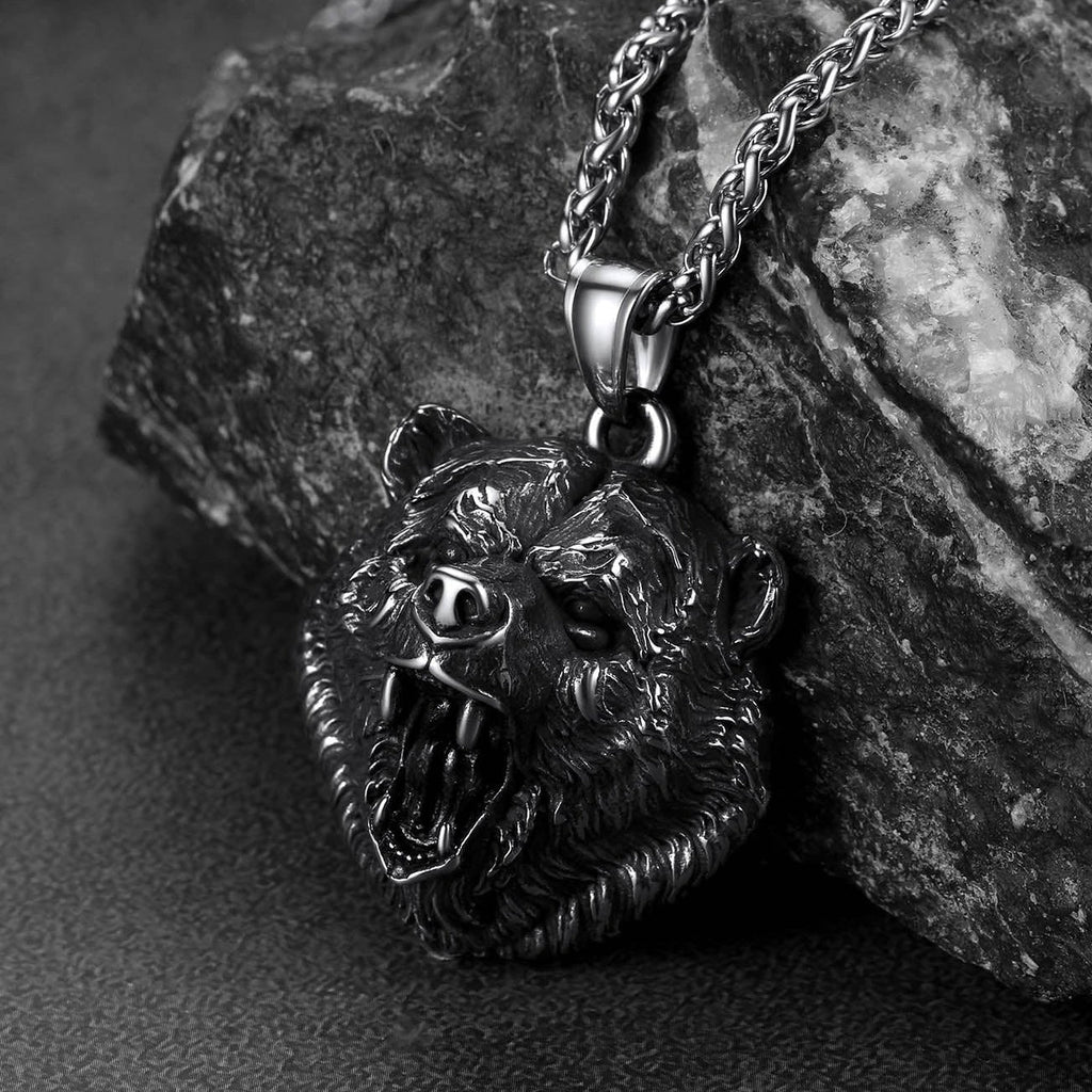 Wild Roaring Bear Head Pendant Necklace for Men